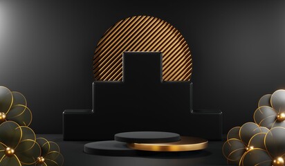 3D rendering of blank product background for cream cosmetics Modern black podium background