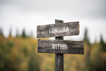 vintage and rustic wooden signpost with the weathered text quote conquer within, outdoors in nature. blurred out forest fall colors in the background.