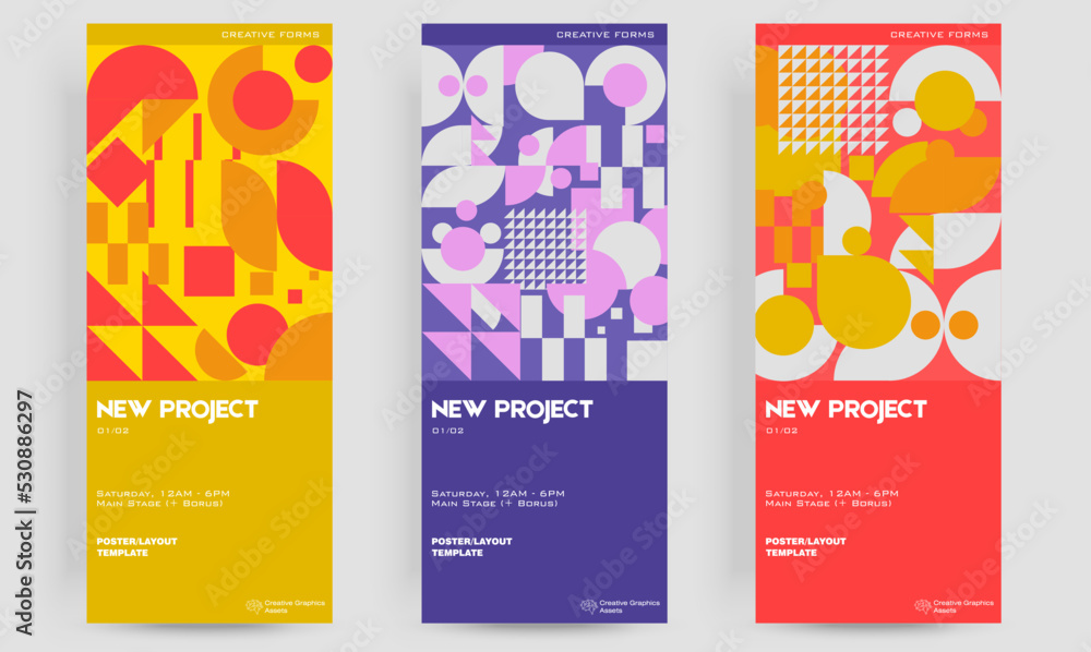 Poster ticket vector template layout with abstract vector geometric shapes.bauhaus background design. great