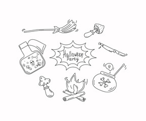 Halloween vector doodle icons. Holiday icons and attributes. Halloween party. Preparation of a potion, poison. Hand drawing. Illustration on an isolated background.	