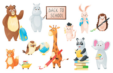 Obraz na płótnie Canvas Cute wild animals schoolchildren, set of isolated vector illustrations back to school concept.