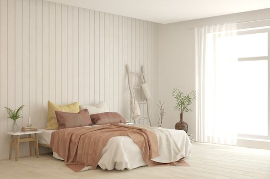 Soft color bedroom interior. Scandinavian design. 3D illustration