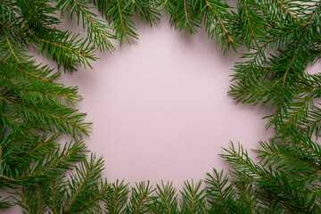 spruce twigs with cones on a pink background with a place for the text mockup, the concept of the new year