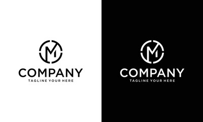 Logo M letter circle sign company icon vector design on a black and white background.