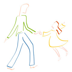 happy fathers daughter walking barefoot holding hands, family unity, the girl seems to be flying with happiness, abstract colorful sketch
