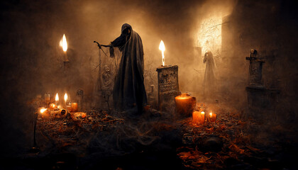 Fototapeta na wymiar Grim reaper with haunted, creepy graveyard.Digital art