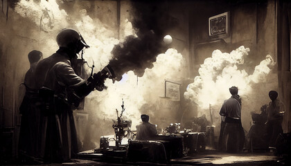 3d illustration of a war on a battlefield with planes, smoke, bombs and soldiers.