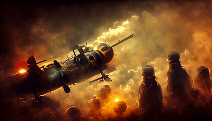 3d illustration of a war on a battlefield with planes, smoke, bombs and soldiers. - obrazy, fototapety, plakaty