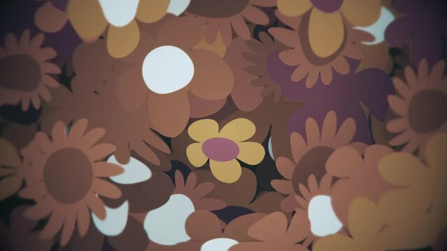 Trippy retro 1970s psychedelic floral pattern motion background animation with various cute flowers in warm brown vintage tones. Full HD and a seamless loop.
