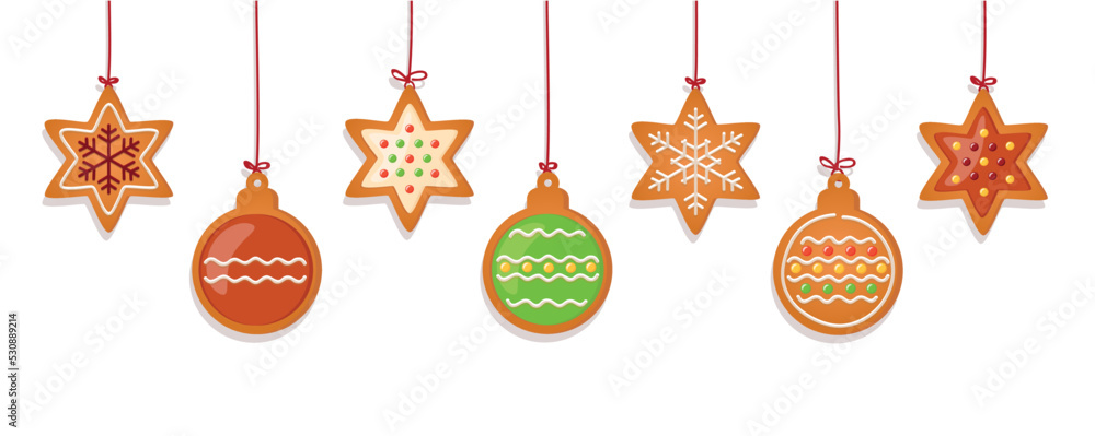 Poster christmas card with hanging gingerbread cookies decoration on blue background