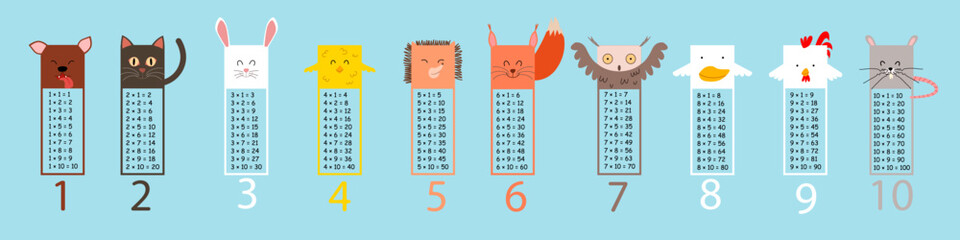 Multiplication table with square animals. Printed bookmarks or stickers with cute kawaii animals. Children s design in a flat style. - obrazy, fototapety, plakaty