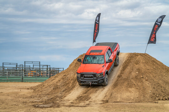 Loveland, CO, USA - August 26, 2022: Dodge RAM Power Wagon truck on a training drive off-road course.