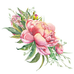 Pink peonies flowers arrangement. Watercolor illustration isolated on white background.