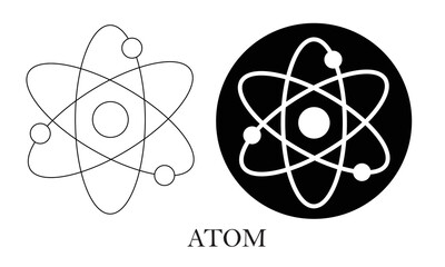 Icon structure of the nucleus of the atom. Around the atom, gamma waves, protons, neutrons and electrons. Atom as cryprocurrency.
