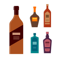 Set bottles of brandy balsam rum gin liquor. Icon bottle with cap and label. Graphic design for any purposes. Flat style. Color form. Party drink concept. Simple image shape