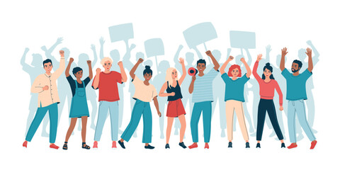 Silhouette of a protesting crowd  people with placards and raised up hands. People at a picket, strike. Peaceful demonstration of human rights. Isolated flat vector illustration