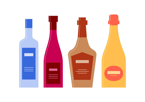Set bottles of vodka, red wine, brandy, champagne. Icon bottle with cap and label. Great design for any purposes. Flat style. Color form. Party drink concept. Simple image shape