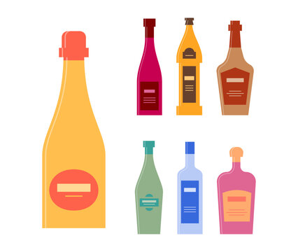 Set bottles of champagne wine beer whiskey gin vodka liquor. Icon bottle with cap and label. Graphic design for any purposes. Flat style. Color form. Party drink concept. Simple image shape