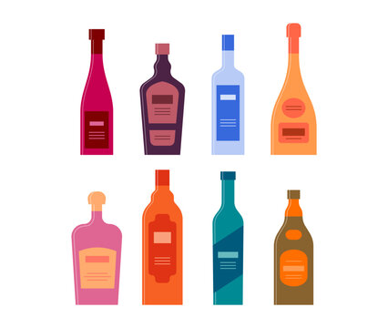Set bottles of wine liquor vodka champagne rum whiskey gin balsam. Icon bottle with cap and label. Graphic design for any purposes. Flat style. Color form. Party drink concept. Simple image shape