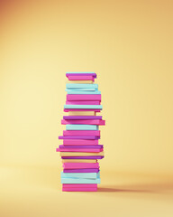 Tall Stack of School Books in Pink Purple Blue Beige Studying Back to School Concept 3d illustration render