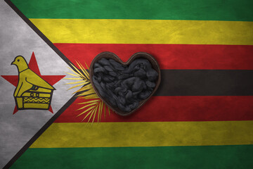 Wooden basket heart form on background of national flag. Photography and marketing digital 3d backdrop. Zimbabwe