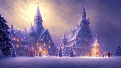 Fototapeta na wymiar Winter fairy castle, holiday decorations, neon, night, lanterns and garlands. Winter night landscape forest near the river. Christmas tree. Festive background. 3D illustration
