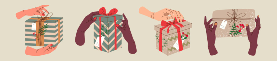 Hands holding Christmas gift in kraft paper with tag and berries. Present box in craft wrapping paper with bow and branches. Set of colored flat vector illustration isolated on background.