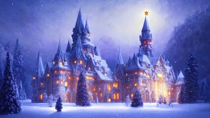 Winter fairy castle, holiday decorations, neon, night, lanterns and garlands. Winter night landscape forest near the river. Christmas tree. Festive background. 3D illustration