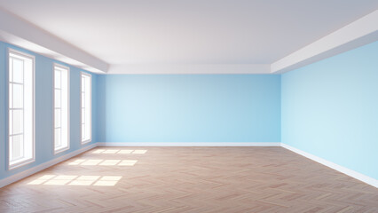 Sunny Interior with Pale Blue Walls, Three Large Windows, White Ceiling Cornice, Glossy Herringbone Parquet Floor and a White Plinth. 3d render with a Work Path on the Windows. 8K Ultra HD, 7680x4320