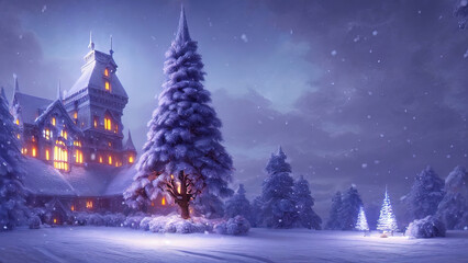Naklejka premium Winter fairy castle, holiday decorations, neon, night, lanterns and garlands. Winter night landscape forest near the river. Christmas tree. Festive background. 3D illustration