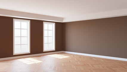 Fototapeta na wymiar Sunny Interior ot the Empty Brown Room with a White Ceiling and Cornice, Glossy Herringbone Parquet Floor, Two Large Windows and a White Plinth. Interior Concept. 3d rendering. 8K Ultra HD, 7680x4320
