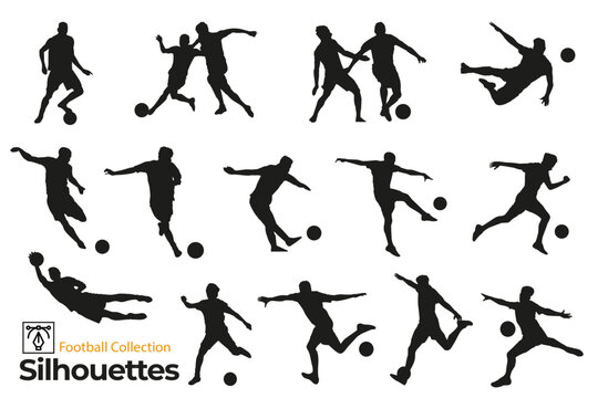 Isolated silhouettes of football players. Players in different positions playing ball.