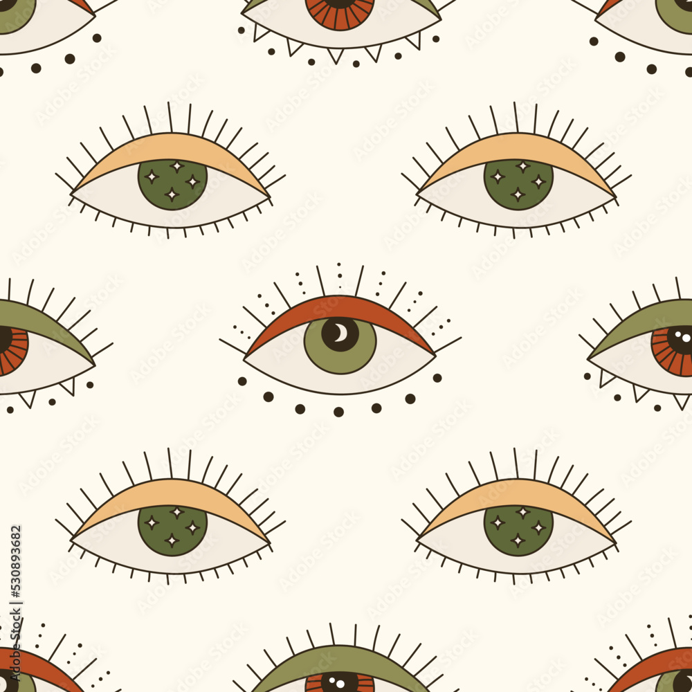 Poster seamless vector pattern with 70s psychedelic eye of providence and abstract symbols. retro groovy ba