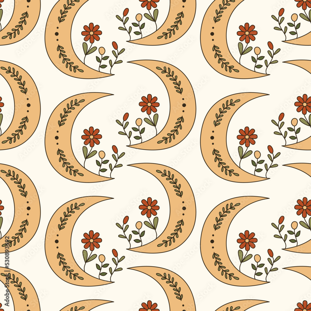 Poster seamless vector pattern with psychedelic mystic crescent symbol in 70s art style. retro groovy backg