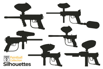 Collection of paintball gun silhouettes. Set of isolated pistols icons.