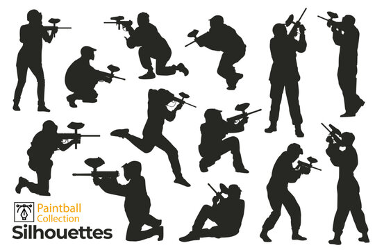 Collection of paintball player silhouettes. Different poses of people playing with weapons.