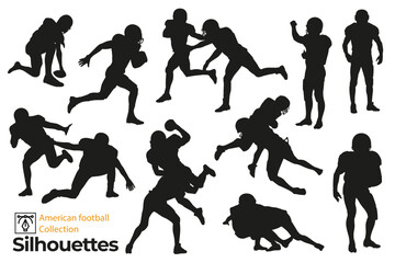 Set of isolated silhouettes of american football players in different poses.