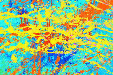 Paint splash texture. Random paint mix background. Spray pattern. Yellow paint blob pattern. Blue paint leak background. Grunge stains on concrete. Vibrant color splatter texture.