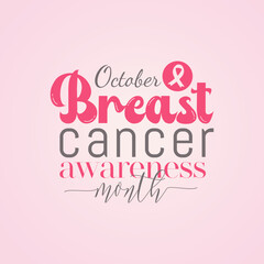Breast cancer awareness month calligraphy banner design on pink background. Realistic pink ribbon symbol. Vector illustration.