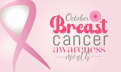 Breast cancer awareness month calligraphy banner design on pink background. Realistic pink ribbon symbol. Vector illustration.