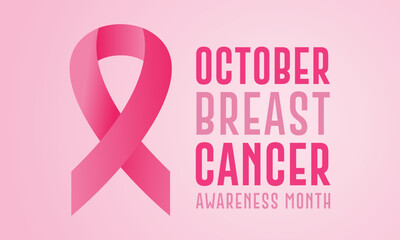 Breast cancer awareness month in october. Realistic pink ribbon symbol. Template for banner, card, background. Vector illustration.