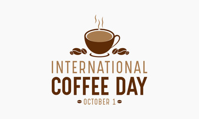 International coffee day calligraphy design with coffee beans and mug. Vector template for banner, greeting card, poster with background. Vector illustration.