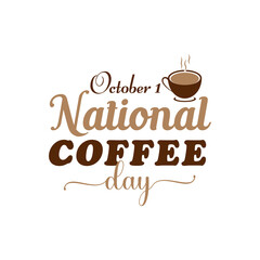 National coffee day calligraphy design with coffee beans and mug. Vector template for banner, greeting card, poster with background. Vector illustration.