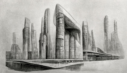 Futuristic surreal urban architecture pencil drawing style. Fantasy alien city. 3D illustration.