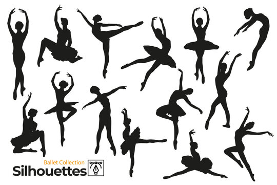Collection of silhouettes of ballerinas dancing ballet.