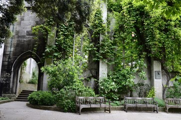 Old abandoned castle building in London, England, UK. London city hidden places. St. Dunstan in the...