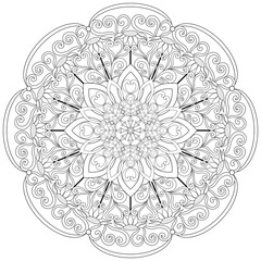 Colouring page, hand drawn, vector. Mandala 91, ethnic, swirl pattern, object isolated on white background.