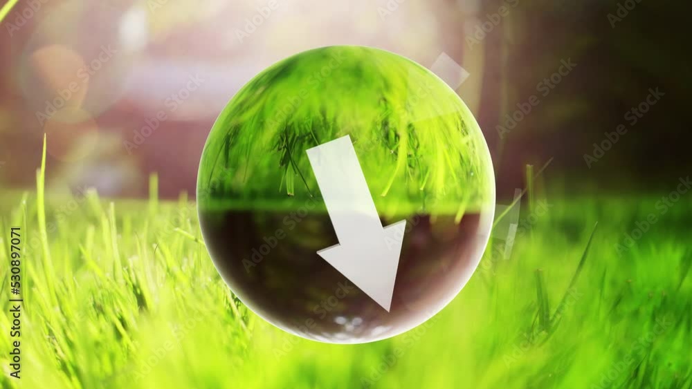 Poster 3d recycle arrows motion around 3d green sphere looping animation background. concept environment.