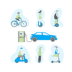 Obraz na płótnie Canvas Cartoon Color Characters People and Bicycle or Electric Car Eco Transportation Concept. Vector illustration of Urban Vehicle