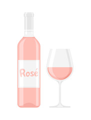 A bottle and a glass of rose wine on a white background. Flat vector illustration
